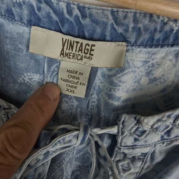 Vintage America Chambray Denim Peasant Blouse Top XXL Blue Handkerchief Print - Picture 12 of 15